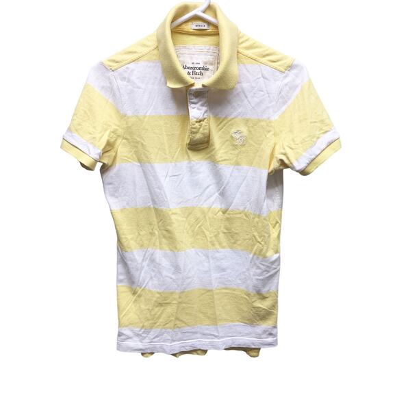 Abercrombie & Fitch Yellow Striped White Moose Logo Muscle Polo V-neck SS Size S - Picture 1 of 6
